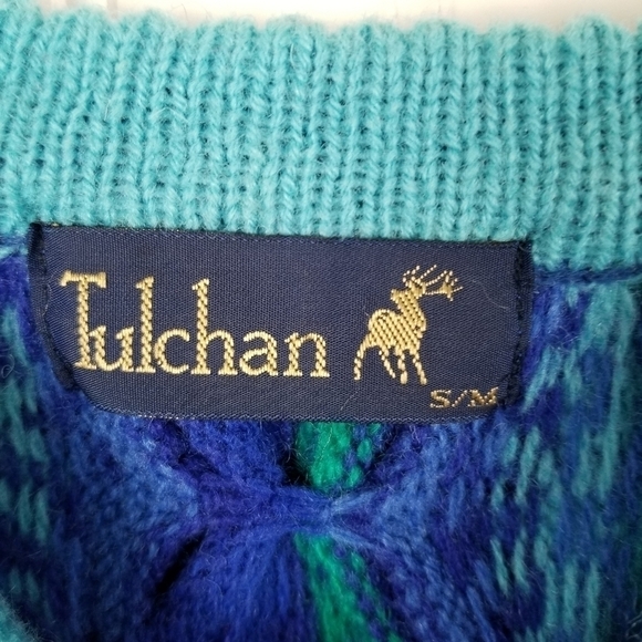 Tulchan Men's Coogi Style Vintage Wool Cardigan Sweater 3D Blue Green Size S/M - Picture 3 of 14